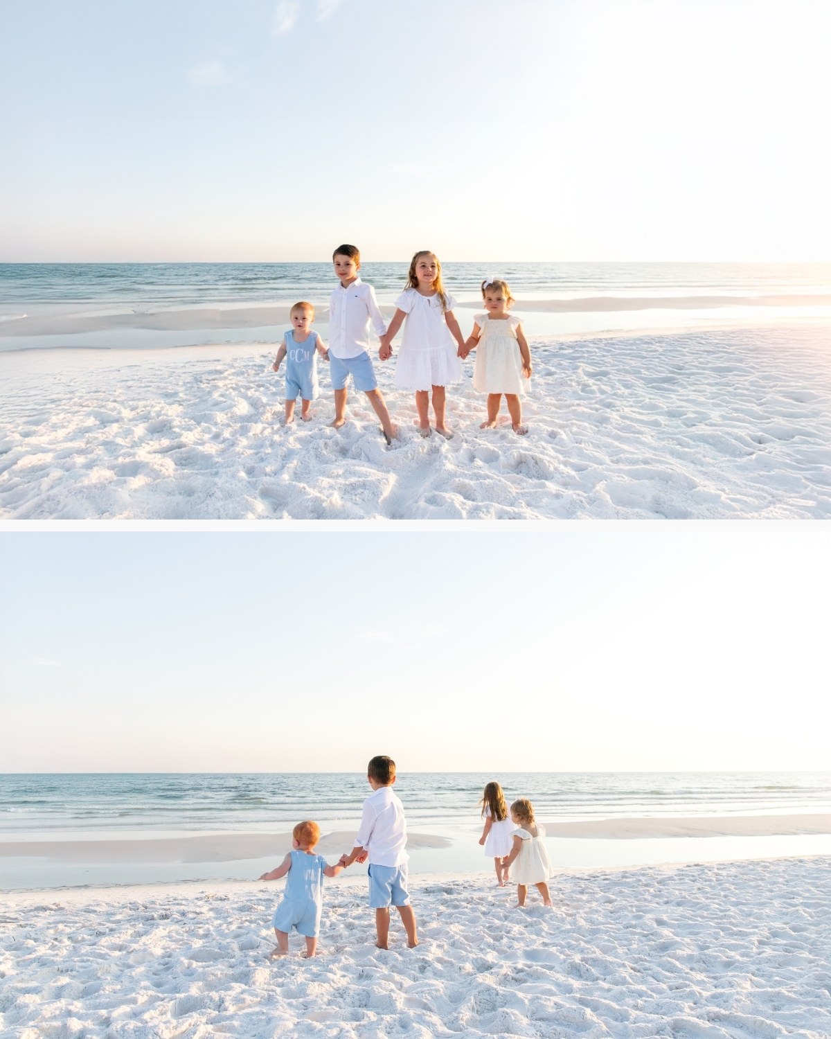 Children running and playing together on the beach during a 30A extended family photography session.